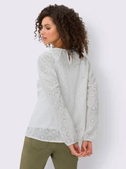 Chemisier à manches longues en pur coton avec broderie ajourée