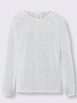 Chemisier à manches longues en pur coton avec broderie ajourée