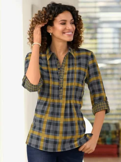 Chemisier à manches longues en coton avec motif à carreaux et col chemise