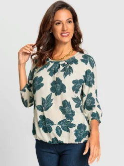 Chemisier à motifs floraux avec encolure ronde plissée