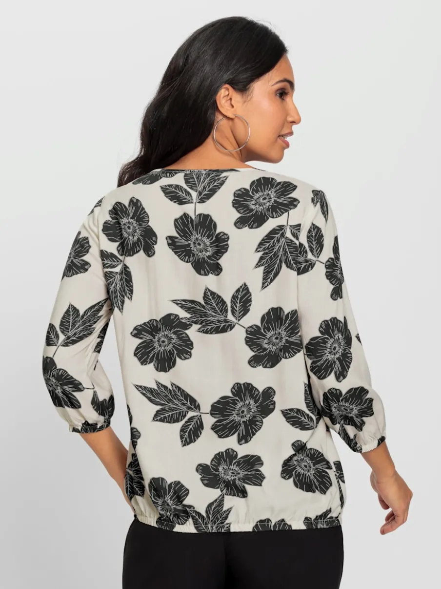 Chemisier à motifs floraux avec encolure ronde plissée