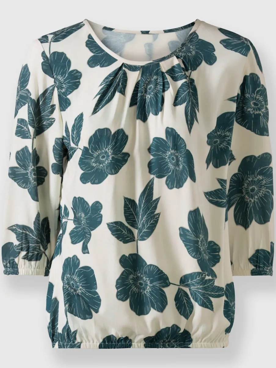 Chemisier à motifs floraux avec encolure ronde plissée