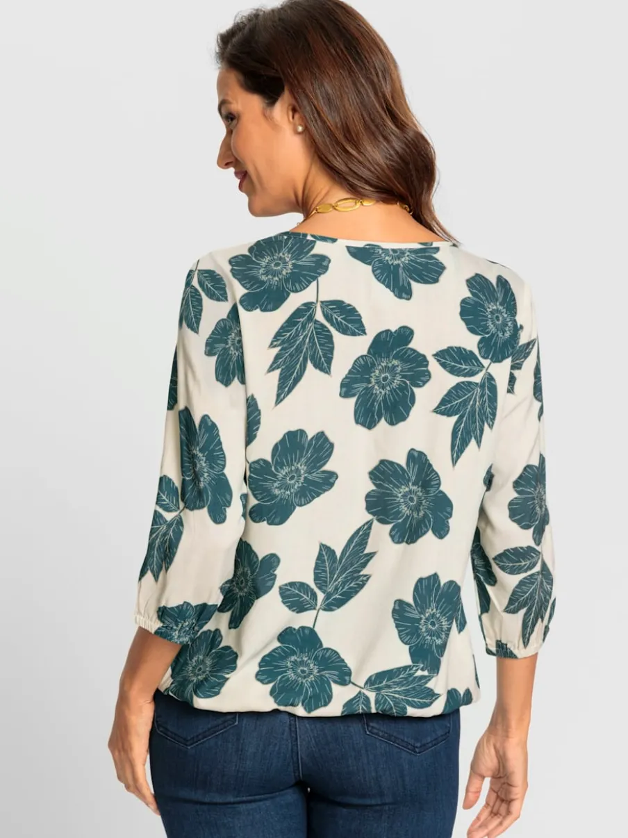 Chemisier à motifs floraux avec encolure ronde plissée