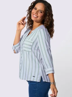 Chemisier rayé en viscose avec col V et manches 3/4 retroussables