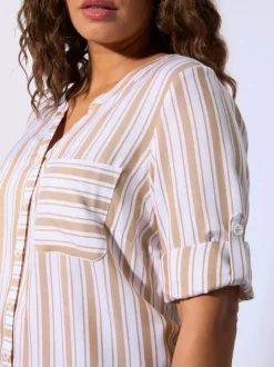 Chemisier rayé en viscose avec col V et manches 3/4 retroussables