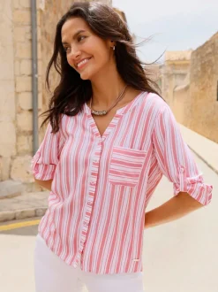 Chemisier rayé en viscose avec col V et manches 3/4 retroussables