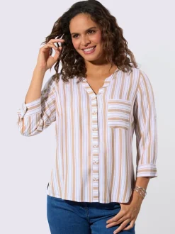 Chemisier rayé en viscose avec col V et manches 3/4 retroussables