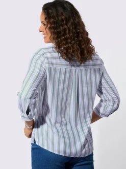 Chemisier rayé en viscose avec col V et manches 3/4 retroussables