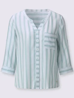 Chemisier rayé en viscose avec col V et manches 3/4 retroussables