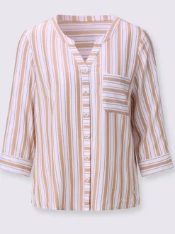 Chemisier rayé en viscose avec col V et manches 3/4 retroussables