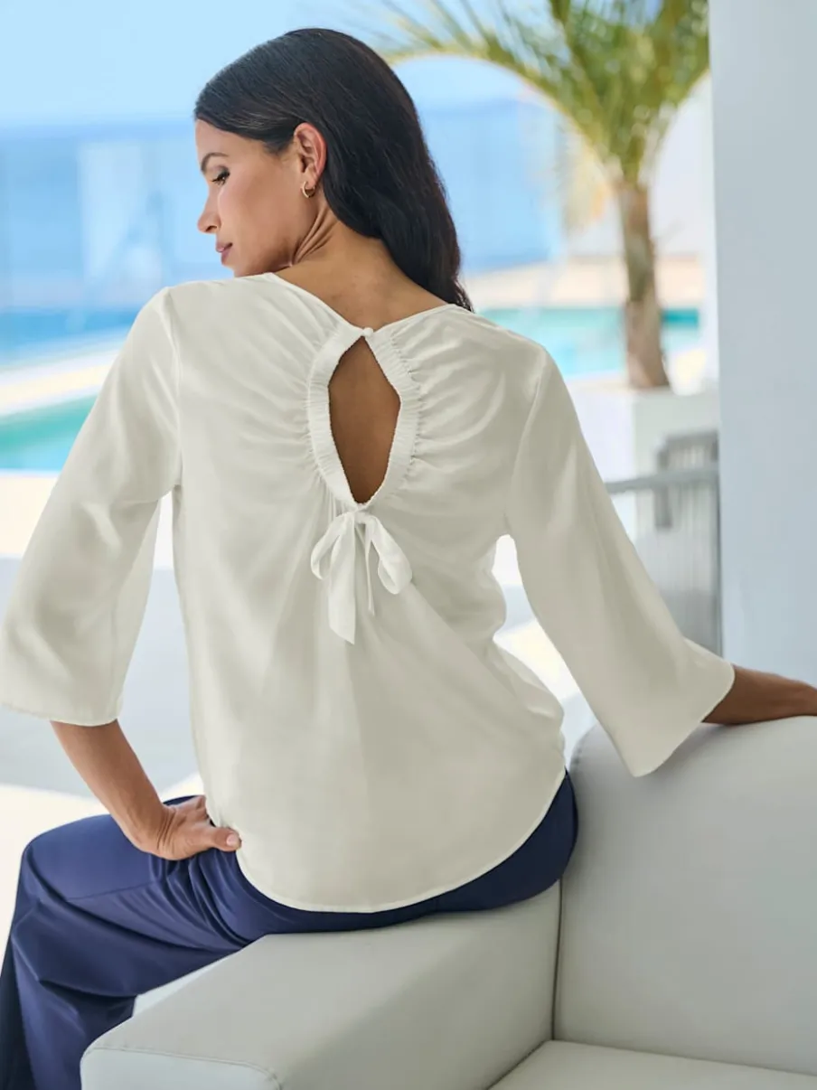 Chemisier soie-viscose col rond manches trois quart fronces
