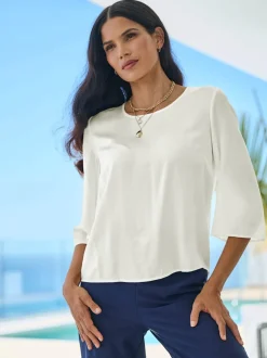 Chemisier soie-viscose col rond manches trois quart fronces