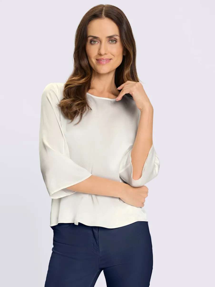Chemisier soie-viscose col rond manches trois quart fronces
