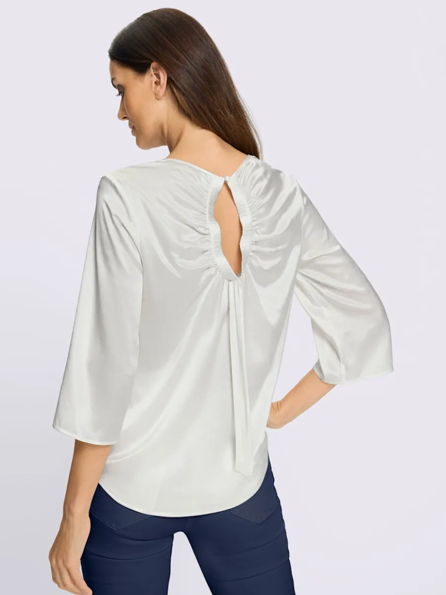 Chemisier soie-viscose col rond manches trois quart fronces