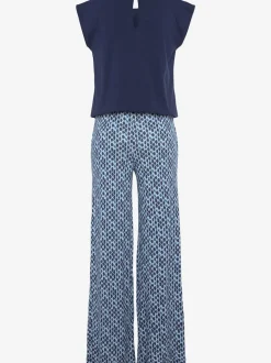 Combinaison avec col arrondi et manches courtes en viscose fluide à jambes extra-larges et poches fendues
