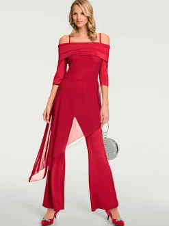 Combinaison jambes larges avec col en Carmen et manches 3/4