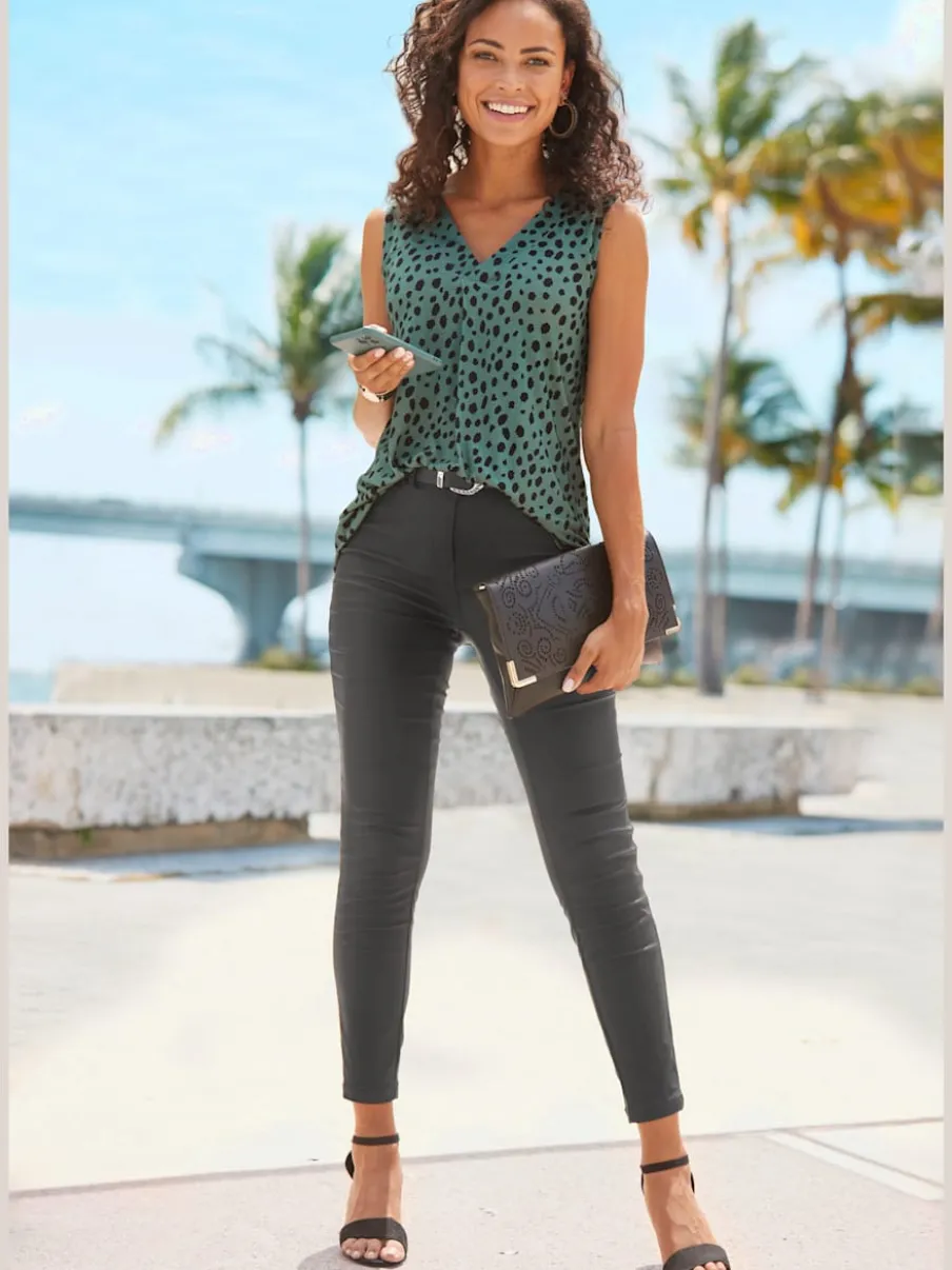 Débardeur col V plissé à larges bretelles en jersey viscose imprimé