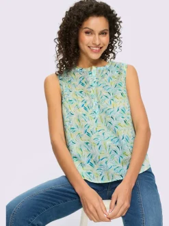 Débardeur à encolure ronde avec motifs feuilles tropicales et petites fronces