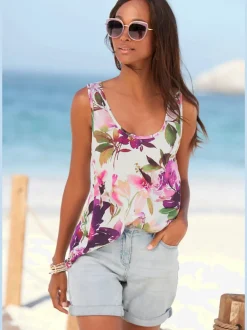Débardeur à encolure ronde dégagée avec motif fleuri et coupe décontractée