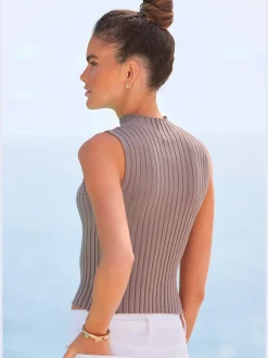 Débardeur en tricot côtelé à col montant et coupe ajustée