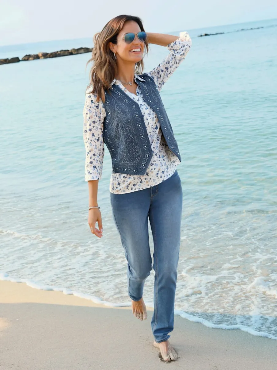 Gilet en jean avec broderie et perles décoratives
