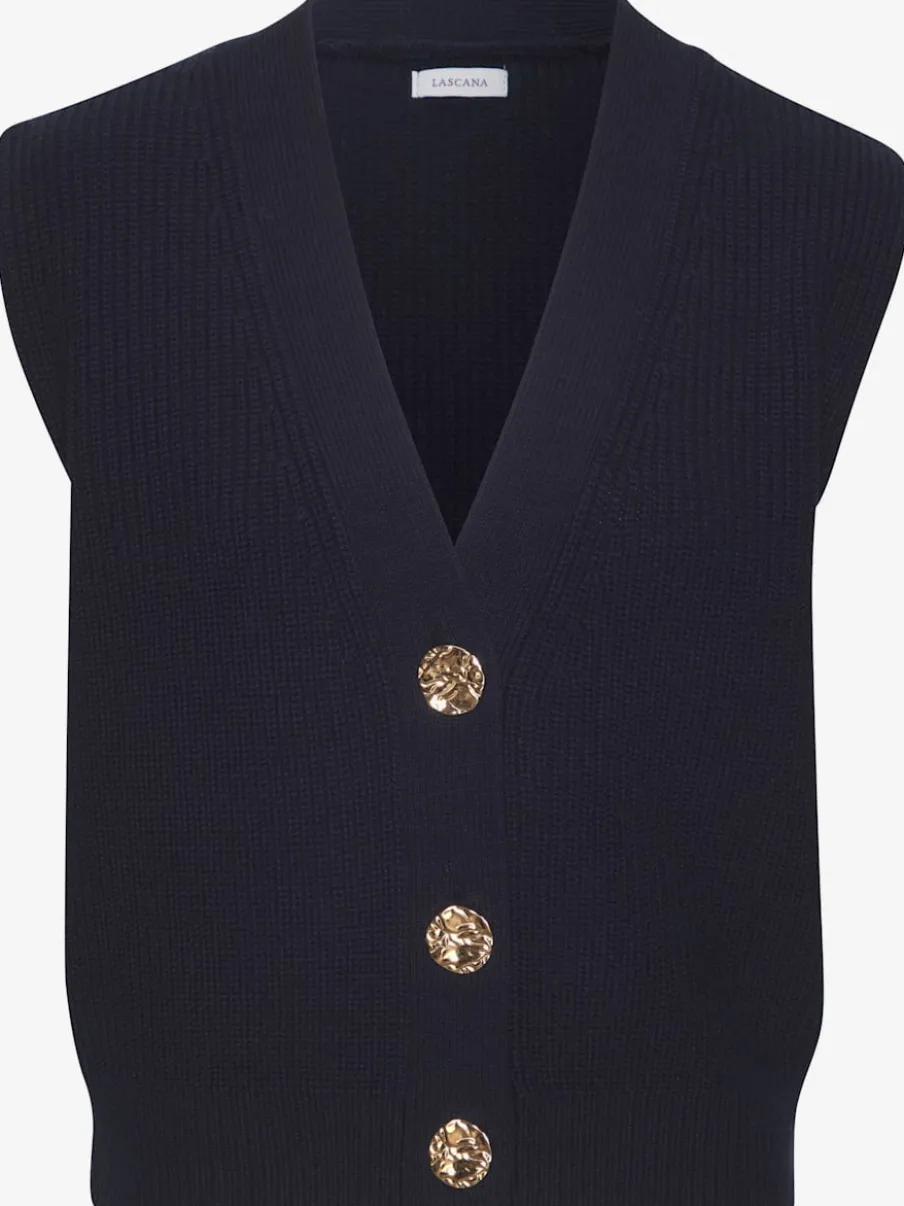 Gilet en tricot à col V profond avec boutons dorés et bords-côtes