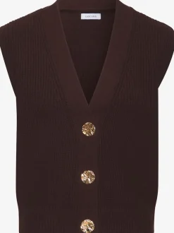 Gilet en tricot à col V profond avec boutons dorés et bords-côtes