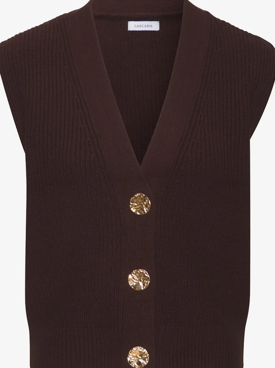 Gilet en tricot à col V profond avec boutons dorés et bords-côtes