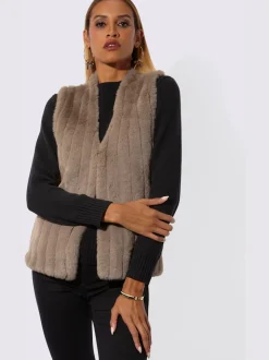Gilet en tricot imitation fourrure avec col V et coutures affinantes