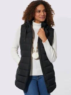 Gilet matelassé long avec col montant et capuche ajustable