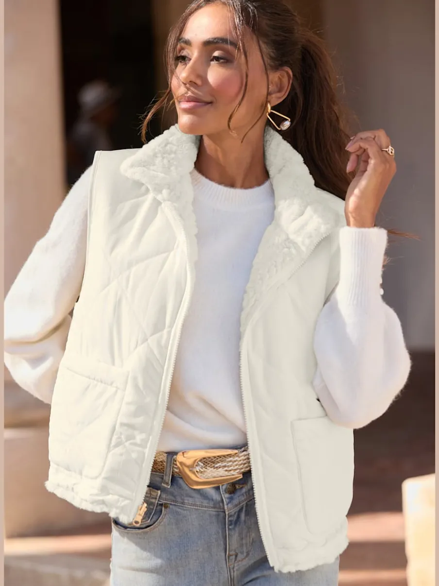 Gilet réversible en peluche avec col montant et dos matelassé