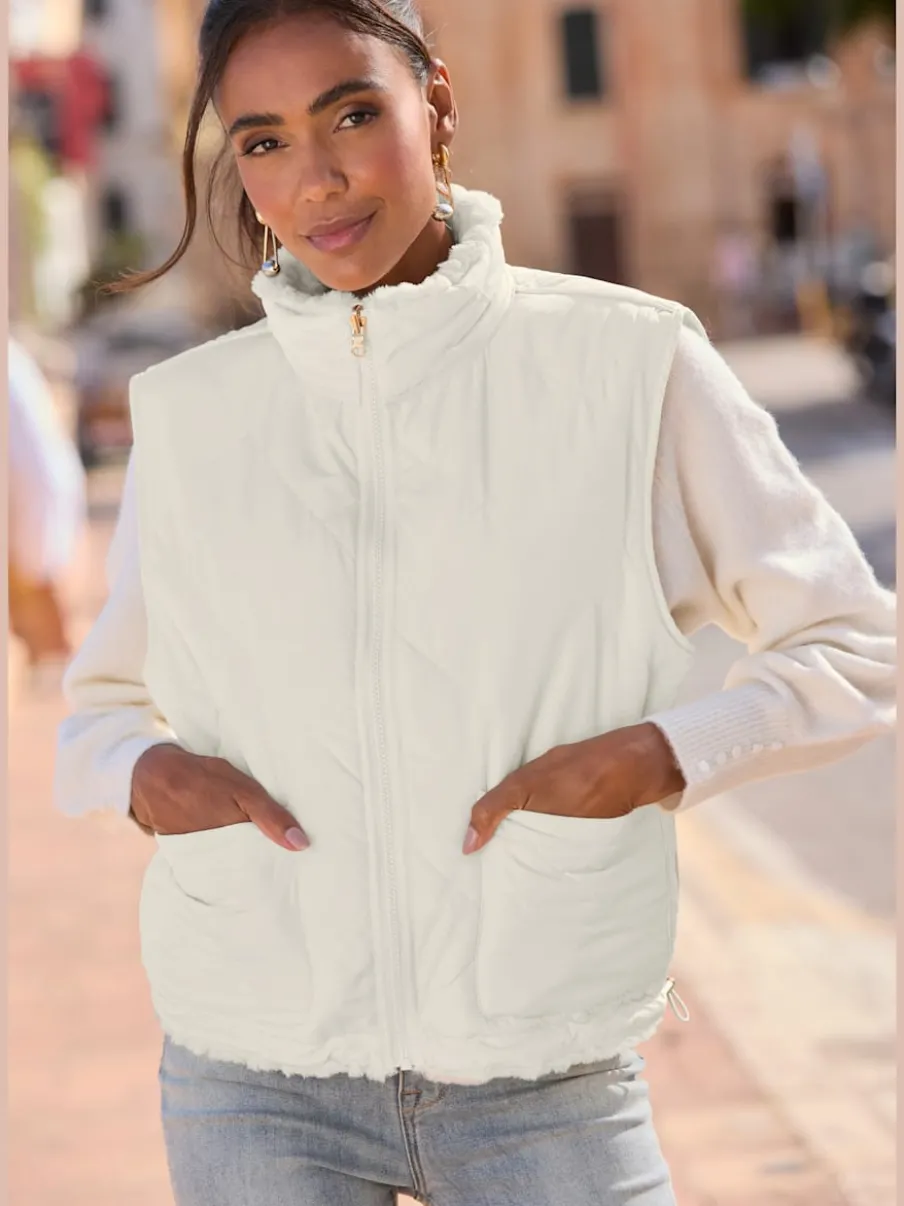 Gilet réversible en peluche avec col montant et dos matelassé