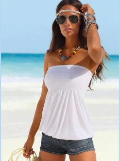 Haut bandeau en viscose fluide à partie smockée et ourlet élastiqué