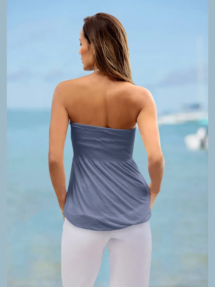 Haut bandeau en viscose fluide à partie smockée et ourlet élastiqué