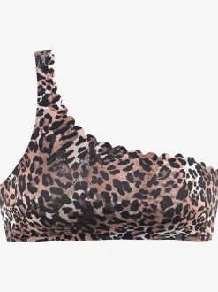 Haut de bikini bustier asymétrique avec motif léopard et bord ondulé