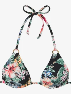 Haut de bikini triangle à imprimé floral avec bonnets amovibles et anneaux brillants