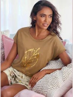Haut de pyjama t-shirt avec imprimé feuille