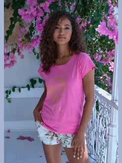 Haut de pyjama t-shirt avec imprimé feuille