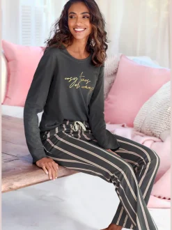 Haut de pyjama t-shirt à manches longues avec imprimé feuille