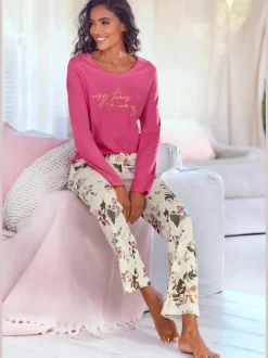 Haut de pyjama t-shirt à manches longues avec imprimé feuille