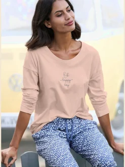 Haut de pyjama t-shirt à manches longues avec imprimé devant