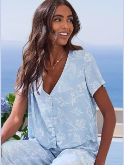 Haut de pyjama t-shirt à manches courtes avec patte de boutonnage