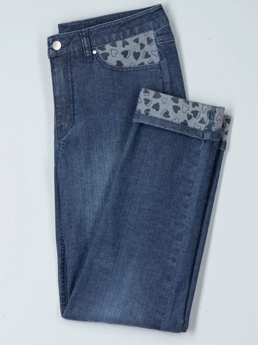 Jean 7/8 avec ceinture gainante et empiècements motif cœur