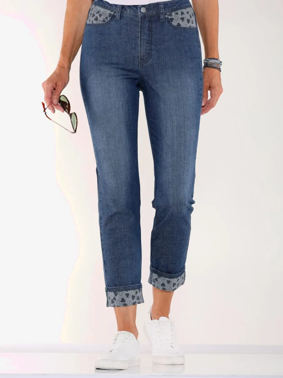 Jean 7/8 avec ceinture gainante et empiècements motif cœur