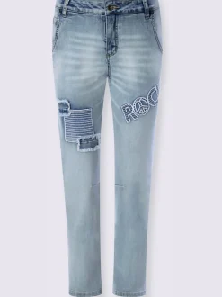 Jean boyfriend avec empiècements et inscriptions brillantes
