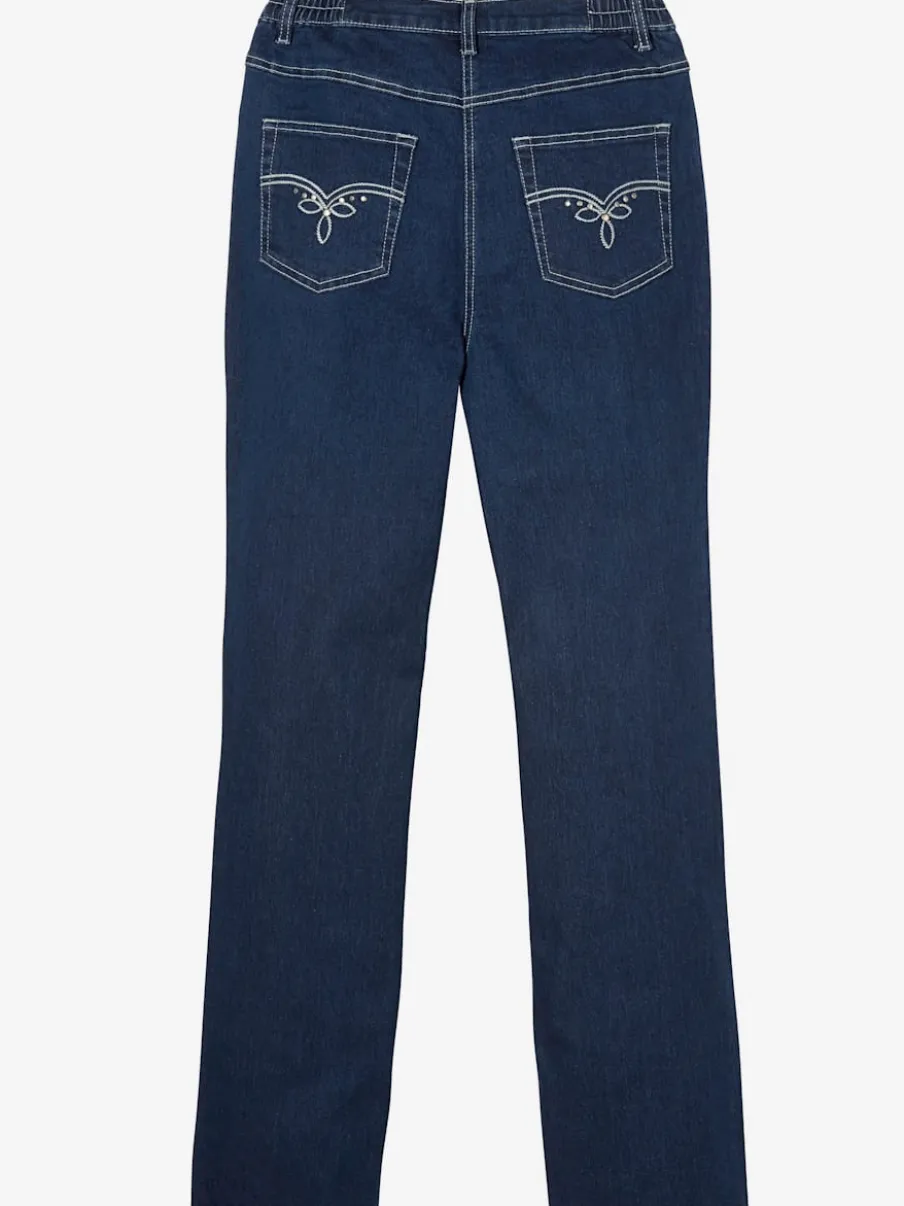 Jean coupe 5 poches avec ceinture élastique latérale et empiècement au dos