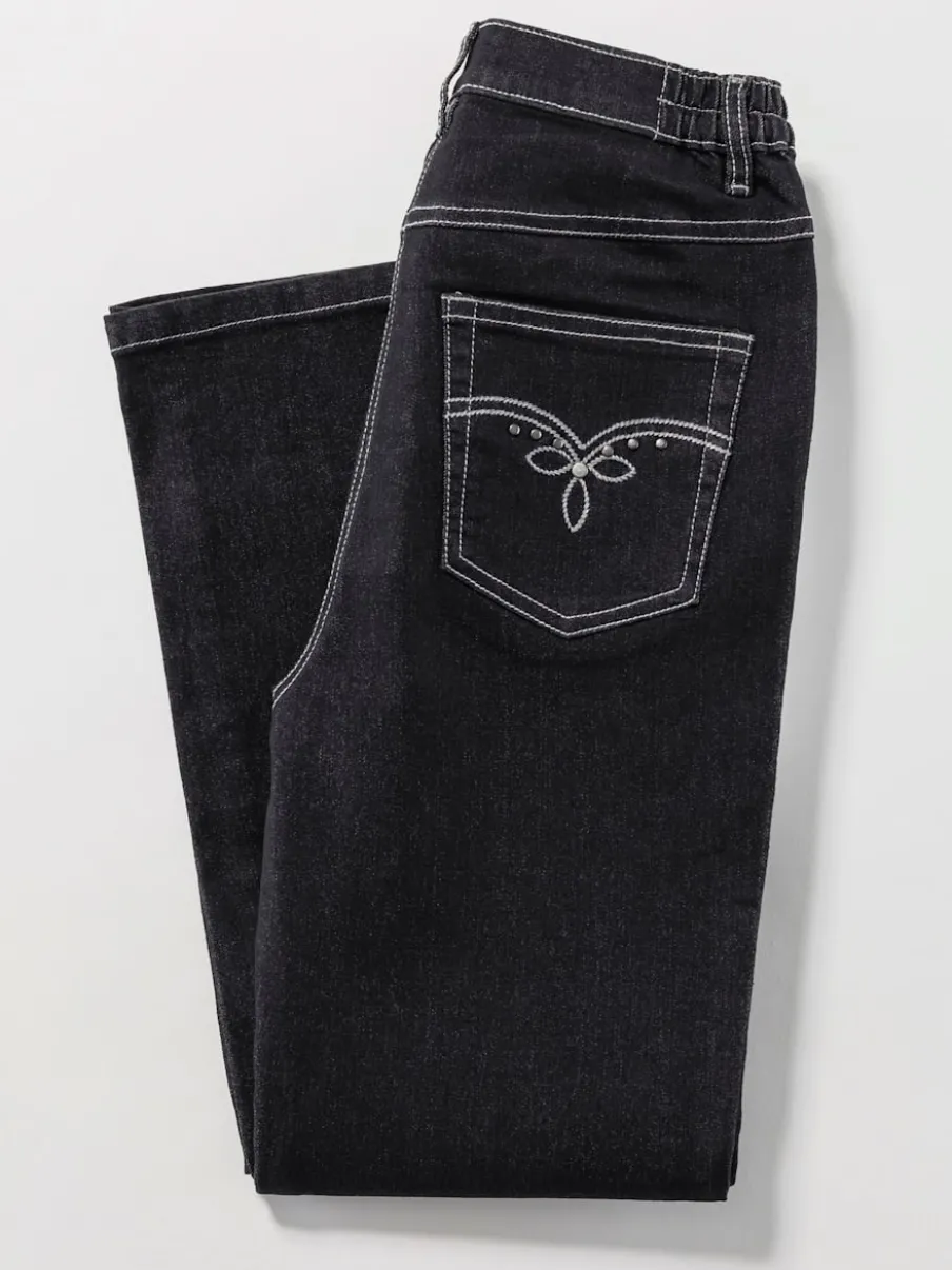 Jean coupe 5 poches avec ceinture élastique latérale et empiècement au dos