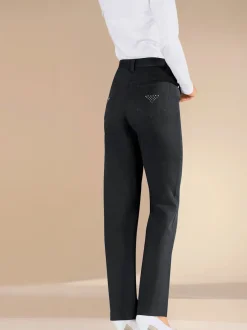Jean droit avec ceinture élastique poches arrière brillantes.