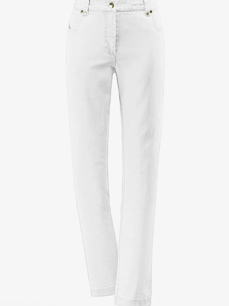 Jean droit avec ceinture élastique poches arrière brillantes.