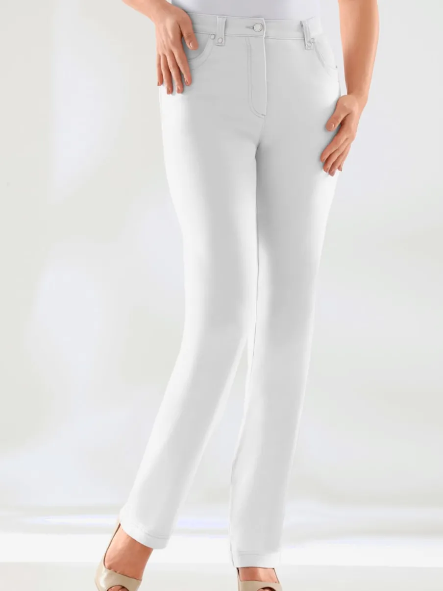 Jean droit avec ceinture élastique poches arrière brillantes.